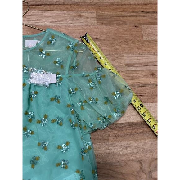 NWT ANthropologie Organza Beaded Top Sabine Green Embroidery Crop Sz 2 Puff - Picture 10 of 11